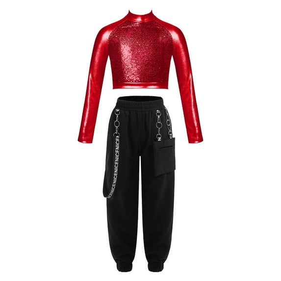 YONGHS Kids Girls Hip Hop Dance Costume Outfits Long Sleeve Sequin Crop Top with Cargo Pants Set Red 16