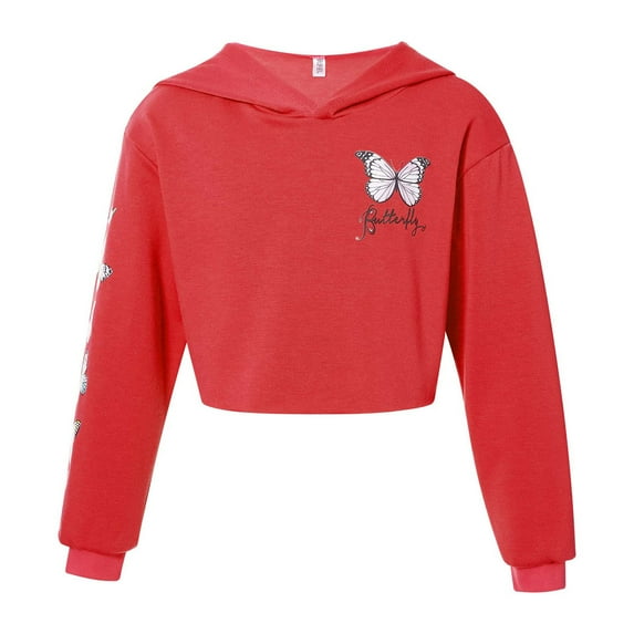 YONGHS Kids Girls Hip Hop Dance Hoodies Long Sleeves Pullover Butterfly Printed Sweatshirt Crop Tops Red 10