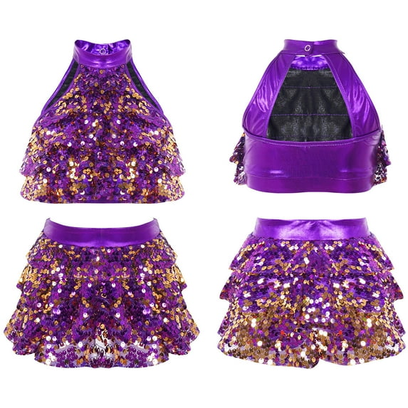 YONGHS Kids Girls Hip Hop Dancewear Shiny Sequins Halter Neck Crop Top with Skirt Set A Purple 3-4