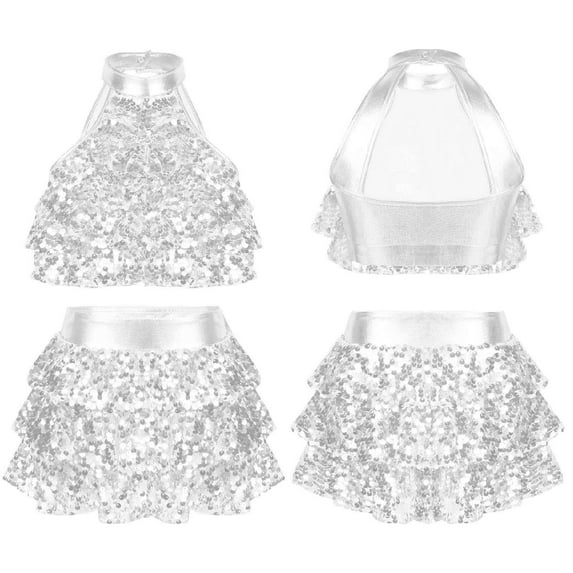 YONGHS Kids Girls Hip Hop Dancewear Shiny Sequins Halter Neck Crop Top with Skirt Set Silver 9-10