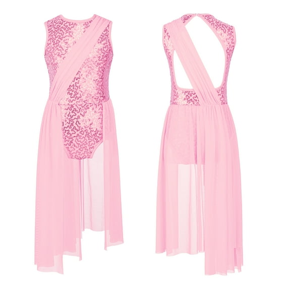 YONGHS Kids Girls Hollow Back Lyrical Dance Dress Shiny Sequins Skirt Pink 10