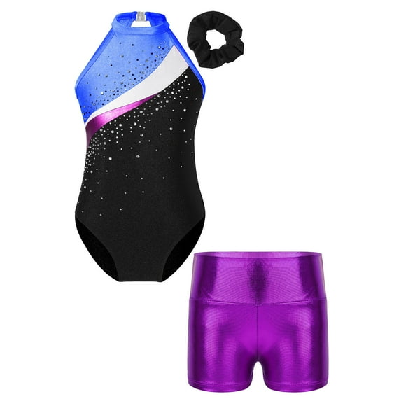 YONGHS Kids Girls Hollow Back Metallic Gymnastic Leotard with Sports Shorts 2Pcs Tracksuit Royal Blue&Purple 16