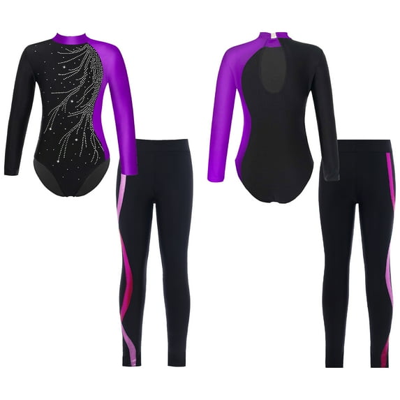 YONGHS Kids Girls Ice Skating Dance Outfits Long Sleeve Gymnastics Leotard Leggings Set