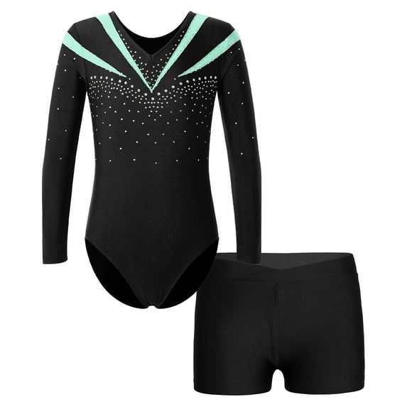 YONGHS Kids Girls Ice Skating Dance Outfits Long Sleeve Gymnastics Leotard Shorts Set Light Green 14