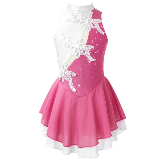 YONGHS Kids Girls Ice Skating Dress Rhinestone Patchwork Ballet Gymnastics Dancewear 6-16
