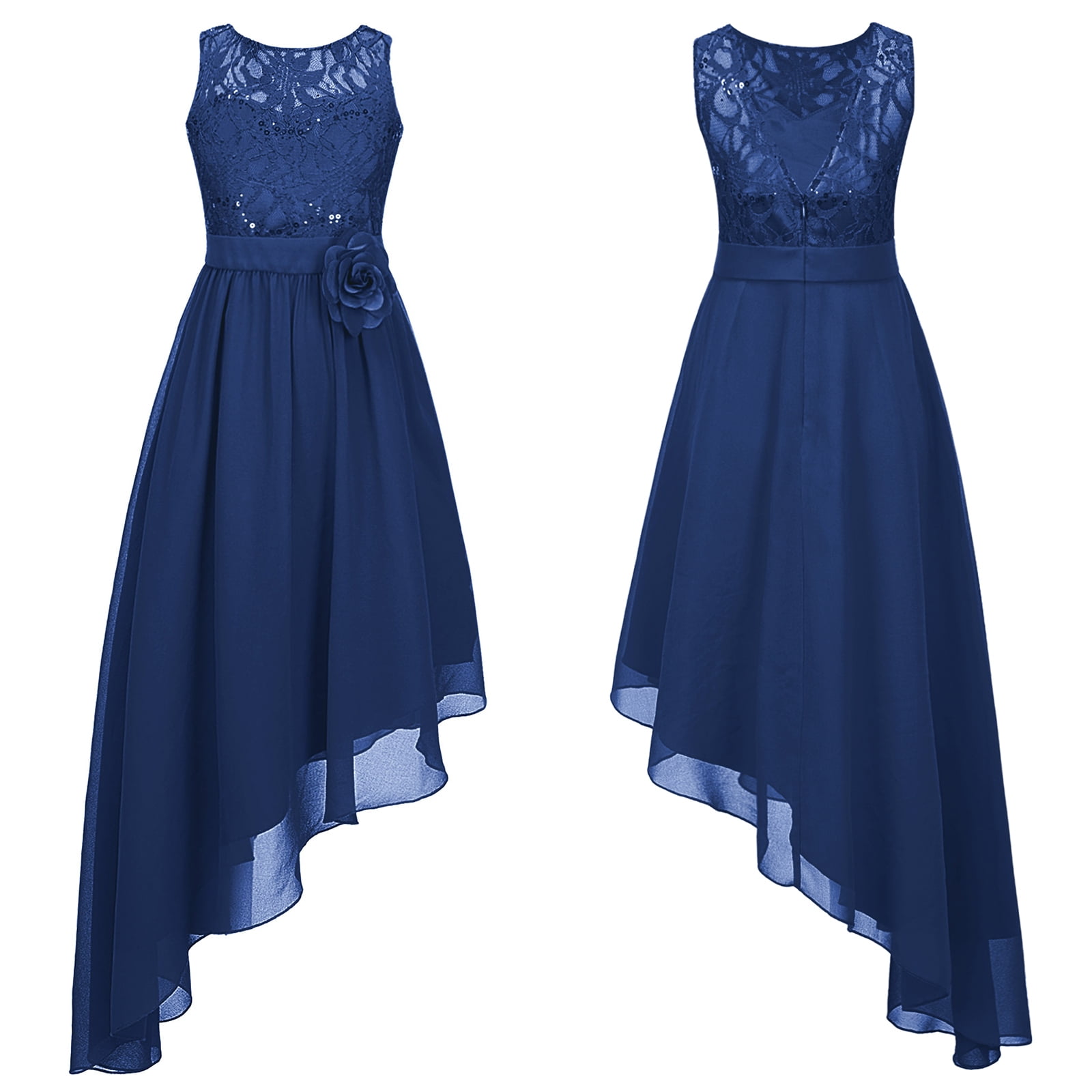 YONGHS Kids Girls Junior Bridesmaid Dress Party Proms Gown 6-16 Navy Blue 12