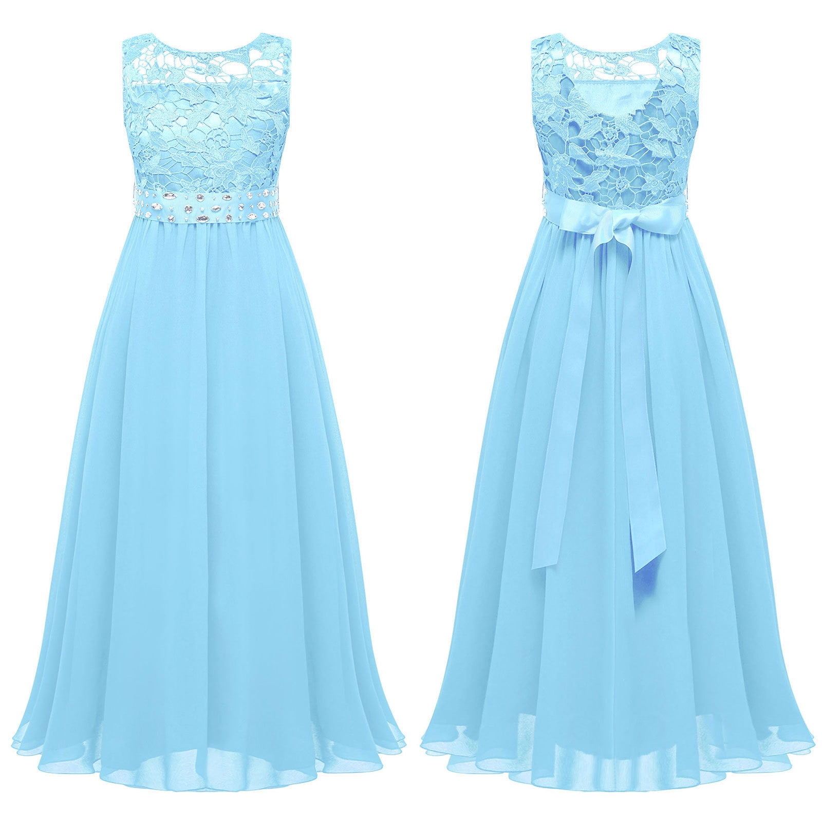 YONGHS Kids Girls Lace Bridesmaid Dress Long A-Line Chiffon Gown Sky Blue  14