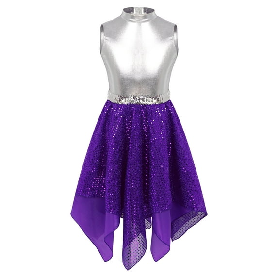 YONGHS Kids Girls Liturgical Praise Dance Asymmetrical Dress Sleeveless Contemporary Dance Costume Tunic Purple 14