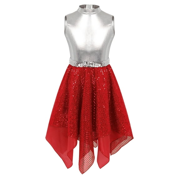 YONGHS Kids Girls Liturgical Praise Dance Asymmetrical Dress Sleeveless Contemporary Dance Costume Tunic Red 14