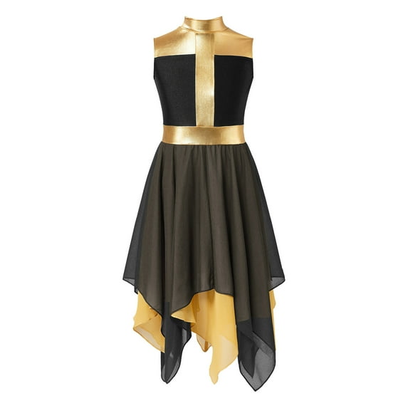YONGHS Kids Girls Liturgical Praise Dance Dress Metallic Color Block Worship Robe Lyrical Dancewear Black 8