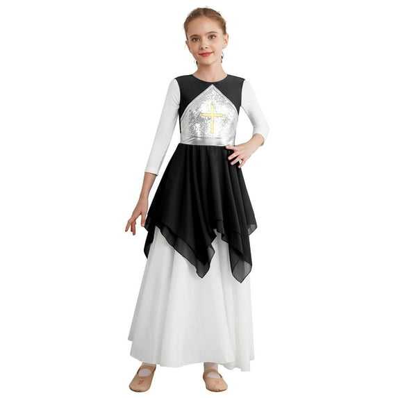 YONGHS Kids Girls Liturgical Praise Dance Worship Long Dress Color Block Costume Lyrical Dancewear Black 12