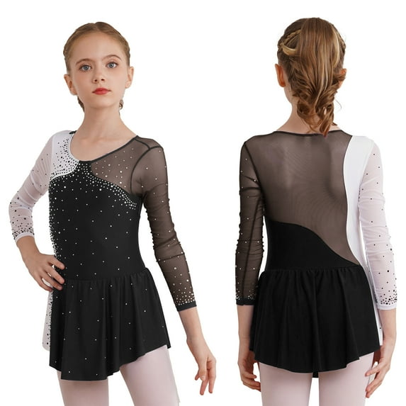 YONGHS Kids Girls Long Sleeve Ballet Dance Figure Ice Skating Dress A Black 6