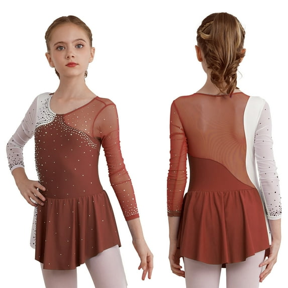 YONGHS Kids Girls Long Sleeve Ballet Dance Figure Ice Skating Dress Brown 12