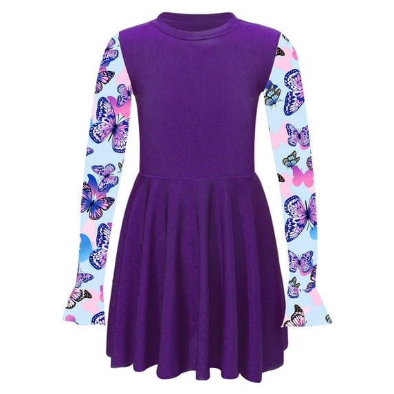 YONGHS Kids Girls Long Sleeve Floral Print Swim Dress Beachwear UPF 50+ UV Rash Guard Shirt Swimsuit Dark Purple 8