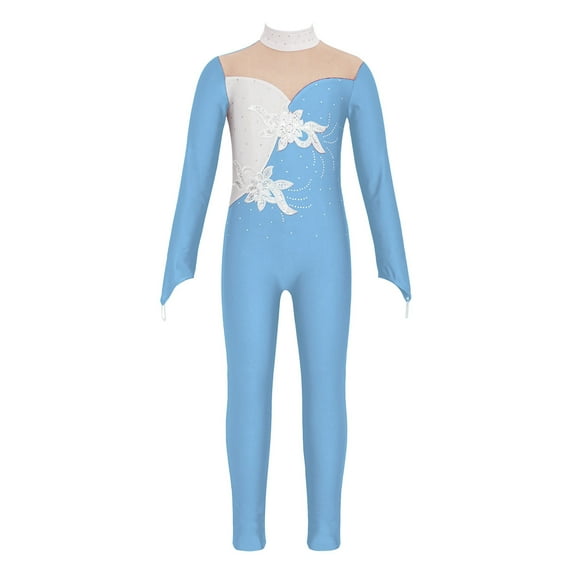 YONGHS Kids Girls Long Sleeve Gymnastic Leotard Floral Sequin Dance Ice Skating Unitard Jumpsuit Blue 6