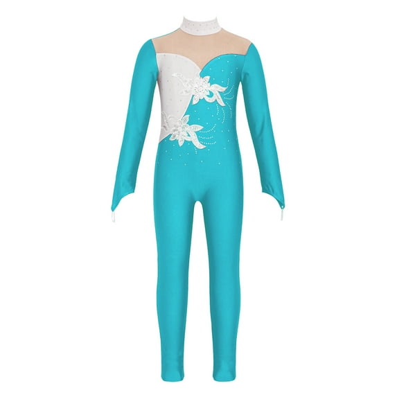 YONGHS Kids Girls Long Sleeve Gymnastic Leotard Floral Sequin Dance Ice Skating Unitard Jumpsuit Lake Green 16