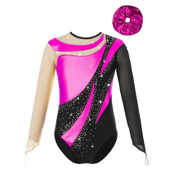 YONGHS Kids Girls Long Sleeve Gymnastic Leotard One Piece Bodysuit with Hair Scrunchie Hot Pink 6