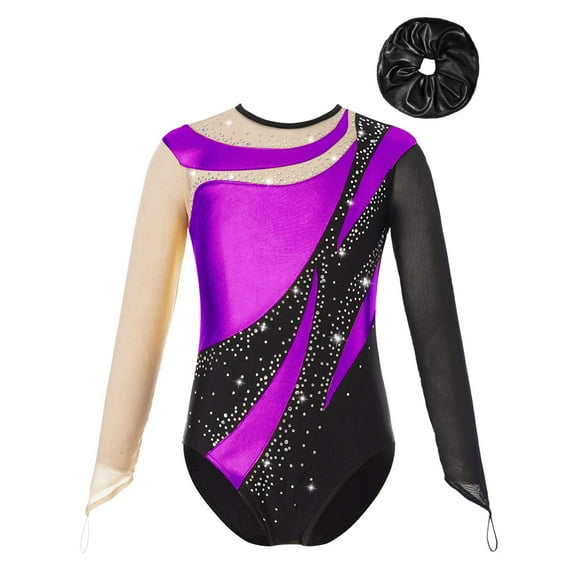 YONGHS Kids Girls Long Sleeve Gymnastic Leotard One Piece Bodysuit with Hair Scrunchie Purple&Black 14