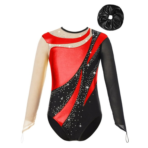 YONGHS Kids Girls Long Sleeve Gymnastic Leotard One Piece Bodysuit with Hair Scrunchie Red&Black 6