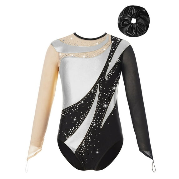 YONGHS Kids Girls Long Sleeve Gymnastic Leotard One Piece Bodysuit with Hair Scrunchie Silver&Black 16