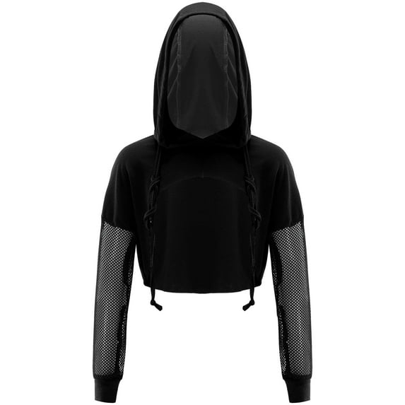 YONGHS Kids Girls Long Sleeve Hooded Sweatshirt Jazz Hip Hop Dance Performance Crop Top Black 16