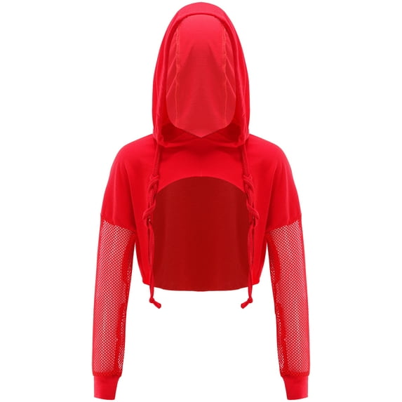YONGHS Kids Girls Long Sleeve Hooded Sweatshirt Jazz Hip Hop Dance Performance Crop Top Red 8