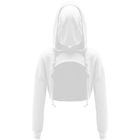 YONGHS Kids Girls Long Sleeve Hooded Sweatshirt Jazz Hip Hop Dance Performance Crop Top White 14