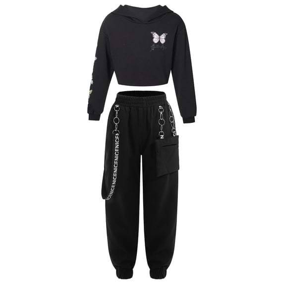 YONGHS Kids Girls Long Sleeve Hooded Sweatshirt Tops with Sweatpants for Hip-hop Dance Performance Black 10