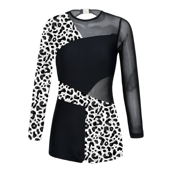YONGHS Kids Girls Long Sleeve Leopard Print Gymnastic One Piece Leotards Dance Sports Costume Black 12
