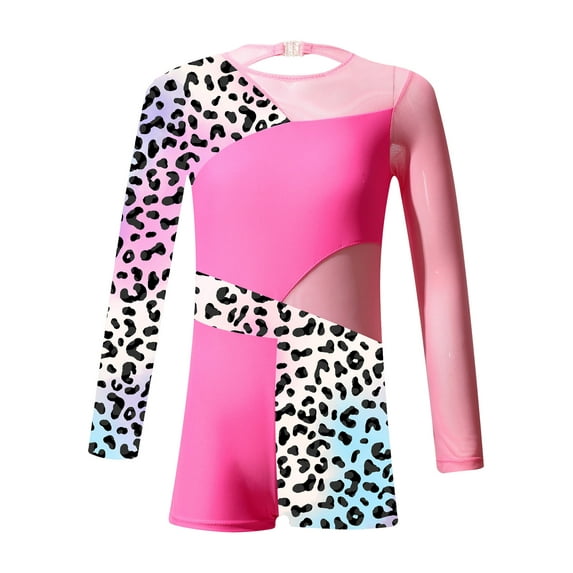 YONGHS Kids Girls Long Sleeve Leopard Print Gymnastic One Piece Leotards Dance Sports Costume Pink Leopard 4