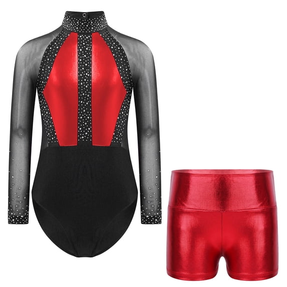 YONGHS Kids Girls Long Sleeve Leotard with Metallic Booty Shorts Set Gymnastics Dance Tracksuit Red 10