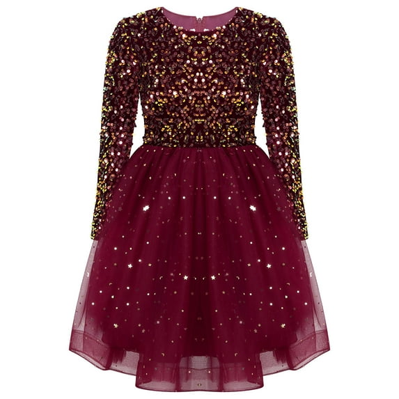 YONGHS Kids Girls Long Sleeve Sequin Velvet Tulle Dress Wedding Birthday Pageant Party Princess Gown Red 5-6