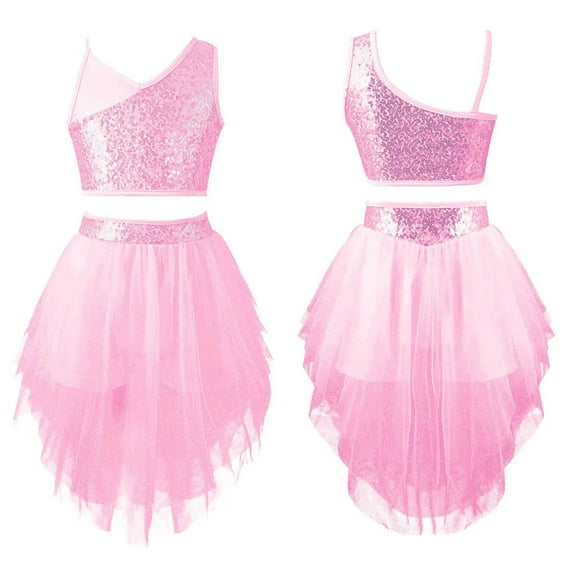 YONGHS Kids Girls Lyrical Ballet Dance Sequins Crop Top Tutu Skirt Set 6-16 A Pink 10