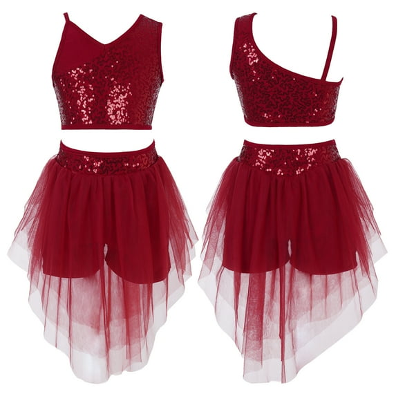 YONGHS Kids Girls Lyrical Ballet Dance Sequins Crop Top Tutu Skirt Set 6-16 Burgundy 12