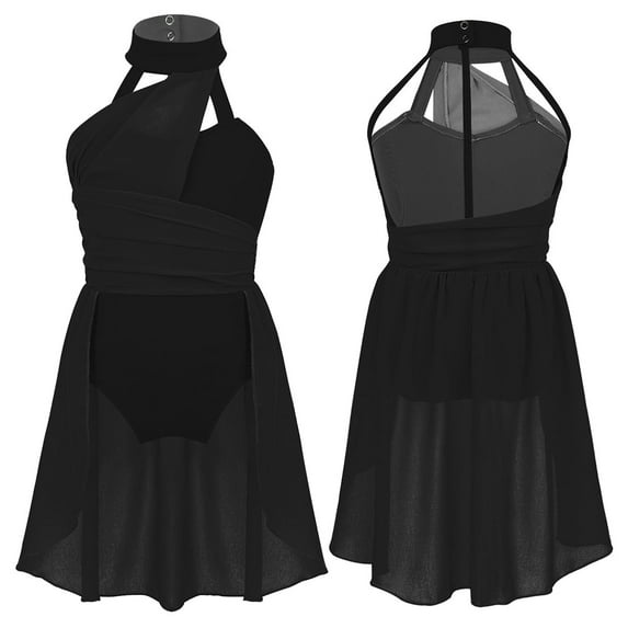YONGHS Kids Girls Lyrical Chiffon Ballet Dance Dress Mock Neck Gymnastic Leotard 6-16 Black 6