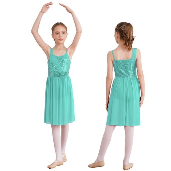 YONGHS Kids Girls Lyrical Dance Dress Sequins Irregular Straps Latin Jazz Modern Dancewear Mint Green 6