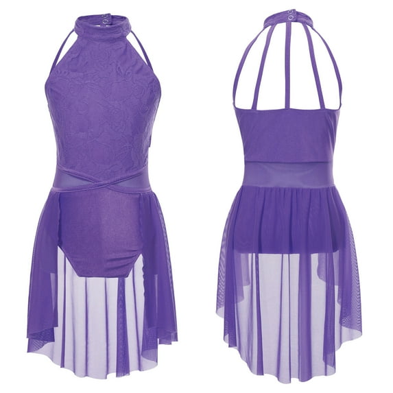 YONGHS Kids Girls Lyrical Dance Dress Sleeveless Figure Ice Skating Leoatrd Dancewear Purple 14