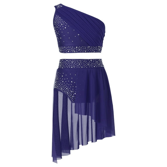 YONGHS Kids Girls Lyrical Jazz Latin Dance Performance Outfits Crop Top with Irregular Hem Skirts Navy Blue 10