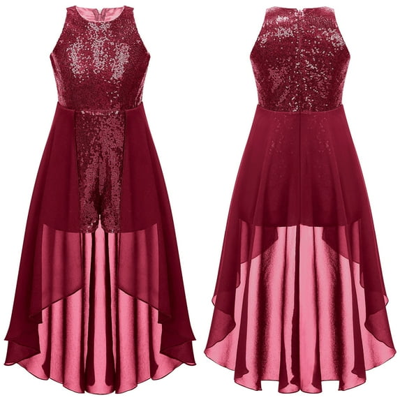 YONGHS Kids Girls Maxi Romper Dress Sequined Party Formal Jumpsuit Gown A Burgundy 16