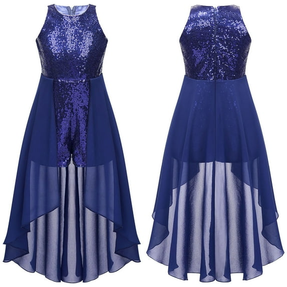 YONGHS Kids Girls Maxi Romper Dress Sequined Party Formal Jumpsuit Gown Navy Blue 6