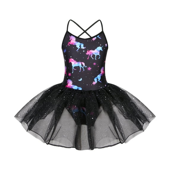 YONGHS Kids Girls Mermaid Ballet Leotard Gymnastic Activewear Mesh Tutu Dress 3-10 Dark Night Black 6