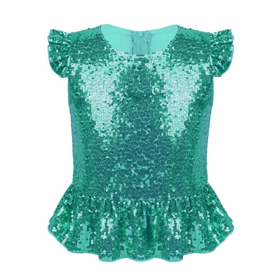 YONGHS Kids Girls Mermaid Costume Sequin Ruffles Peplum Tops Shirt for Halloween Carnival Birthday Lake Green 4