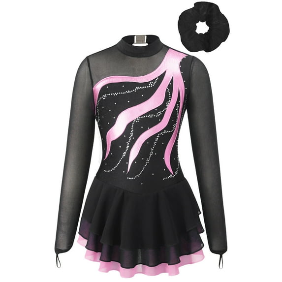 YONGHS Kids Girls Mesh Splice Figure Ice Skating Dress Ballet Dance Leotard Dress with Hair Band Pink 10