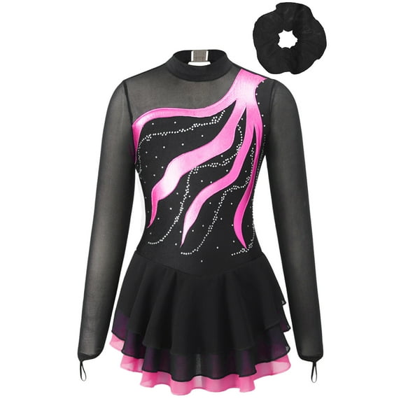 YONGHS Kids Girls Mesh Splice Figure Ice Skating Dress Ballet Dance Leotard Dress with Hair Band Hot Pink 8