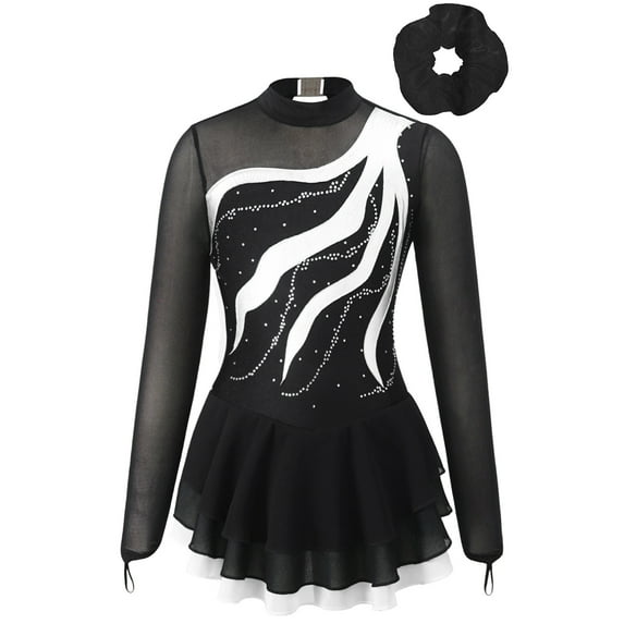 YONGHS Kids Girls Mesh Splice Figure Ice Skating Dress Ballet Dance Leotard Dress with Hair Band White 8