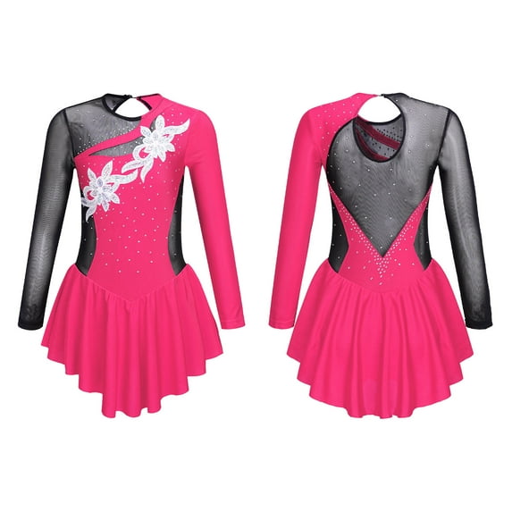 YONGHS Kids Girls Mesh Splice Gymnastics Leotard Figure Ice Skating Dance Dress Hot Pink 10
