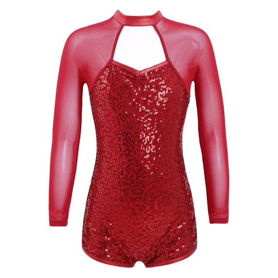 YONGHS Kids Girls Mesh Splice Long Sleeve Sequins Dance Leotards Gymnastic Ballroom Dancewear Red 6