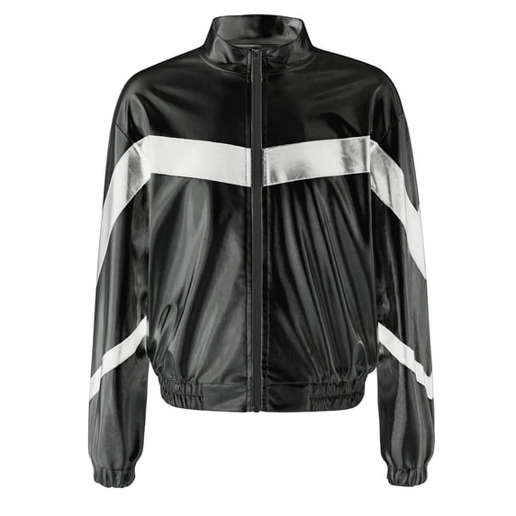 YONGHS Kids Girls Metallic Bomber Jacket Coat Zipper Hip Hop Jazz Modern Dance Top Outerwear Black 14