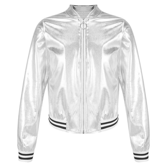 YONGHS Kids Girls Metallic Flight Jacket Long Sleeve Zippered Coat Outerwear A Silver 8