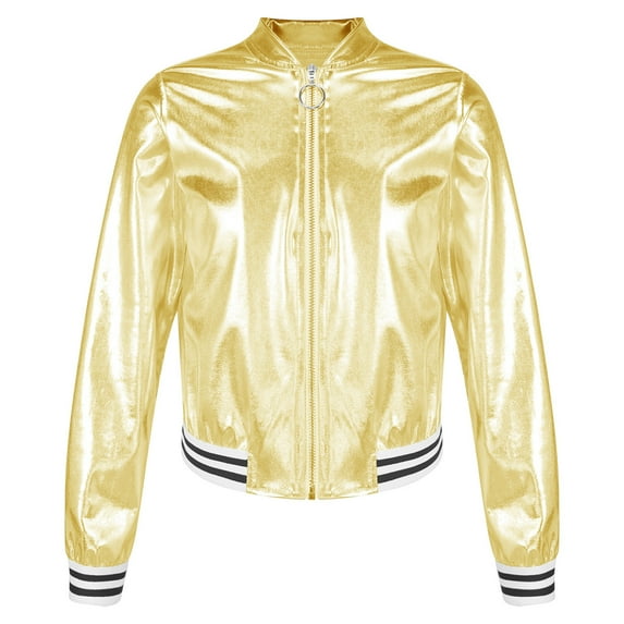 YONGHS Kids Girls Metallic Flight Jacket Long Sleeve Zippered Coat Outerwear Gold 8